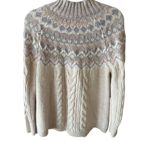 Chicos Fair Isle Cable knit sweater Cabin-core Nordic Scandi Large Wool - Picture 7 of 9